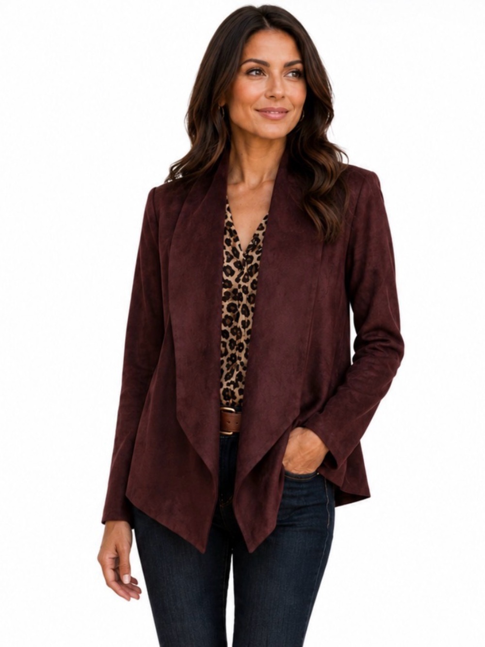 H by Halston, Plum Faux Suede Waterfall Blazer, Size 14